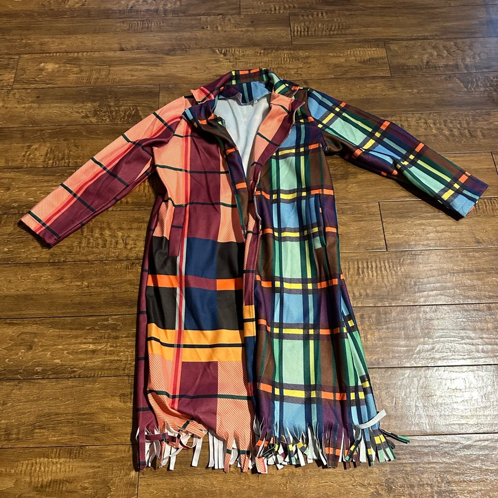 Colorful Plaid Fringe Coat